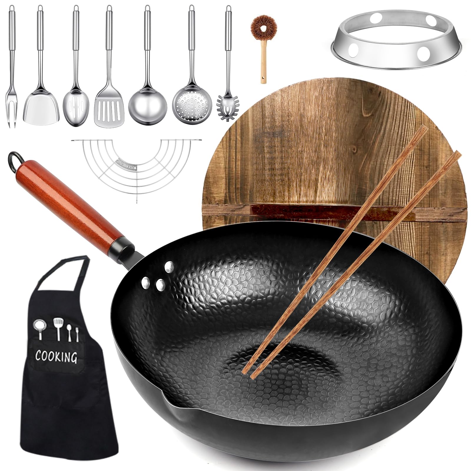 Carbon Steel Wok Pan, 14 Piece Woks & Stir-Fry Pans Set with Wooden Lid Cookwares, No Chemical Coated Flat Bottom Chinese Pan for Induction, Electric, Gas, Halogen All Stoves - 12.6''
