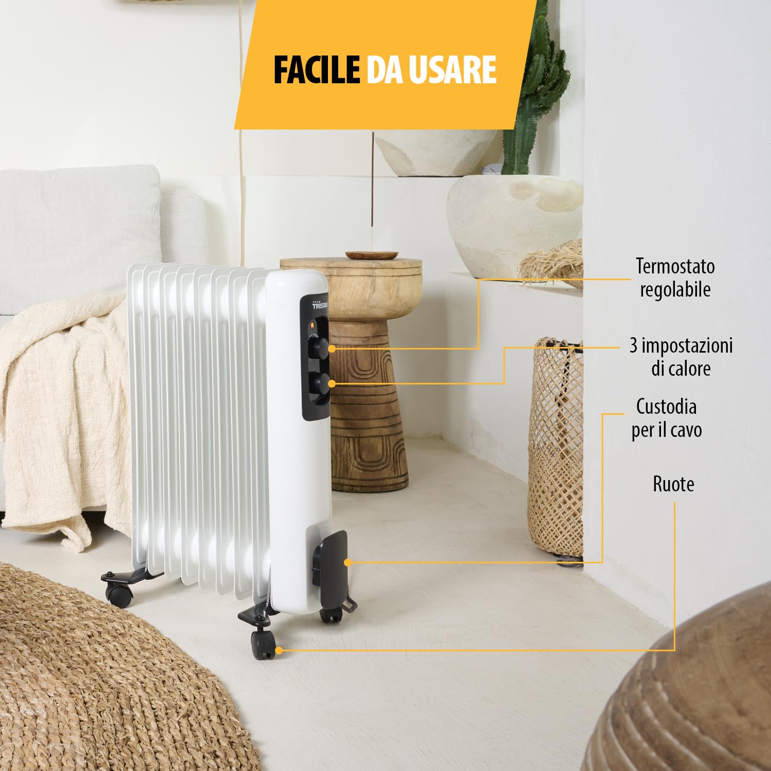 Radiatore a olio Tristar KA-5179-3 impostazioni di calore - Termostato regolabile - 2000 W max - 9 alette riscaldanti, Bianco