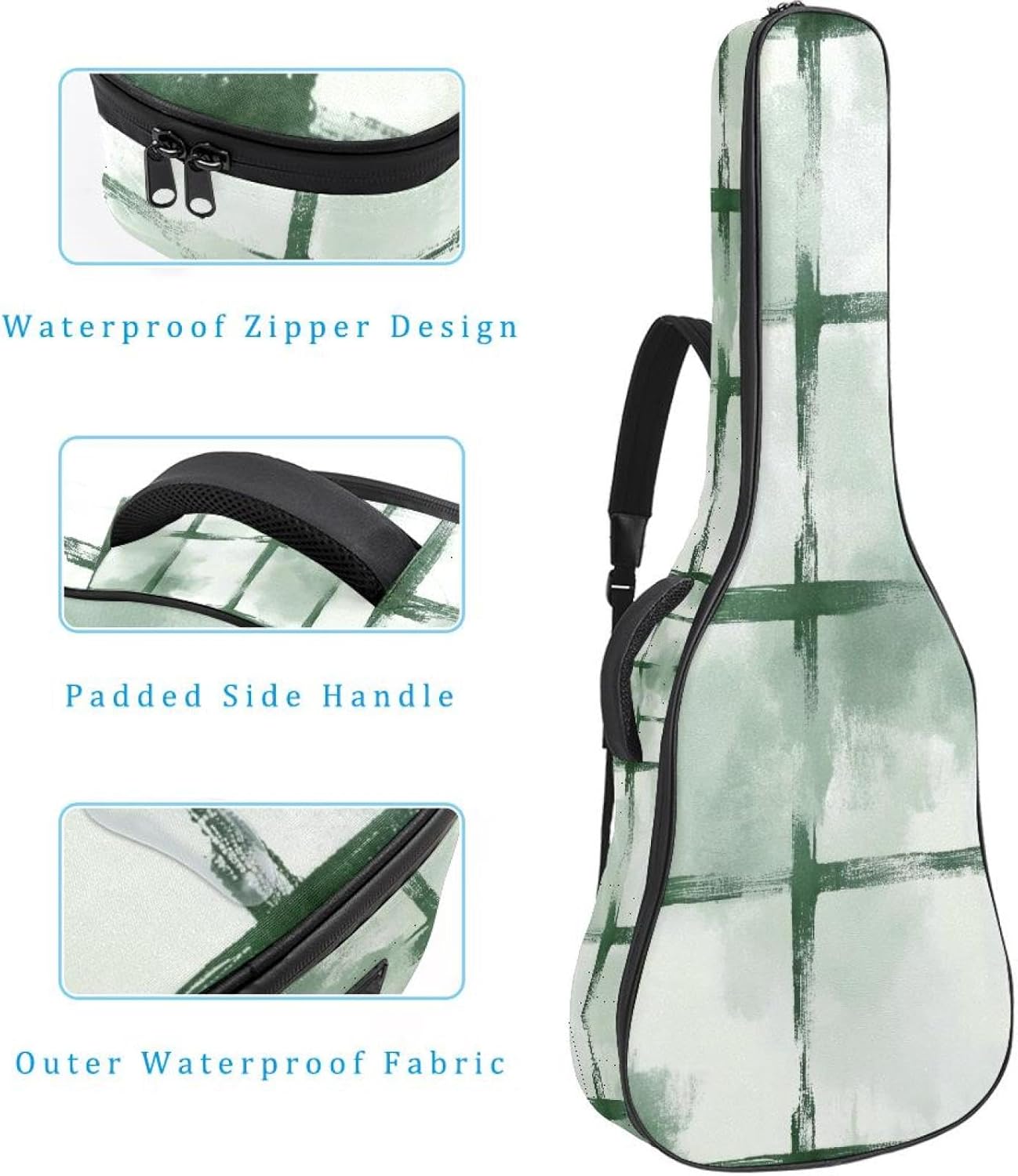 Watercolor Sage Green Plaid Pattern Acoustic Guitar Gig Bag, 1 cm Thick Padding Waterproof Guitar Bag Backpack for 40 41 42 Inch Electric Bass Classical Guitars
