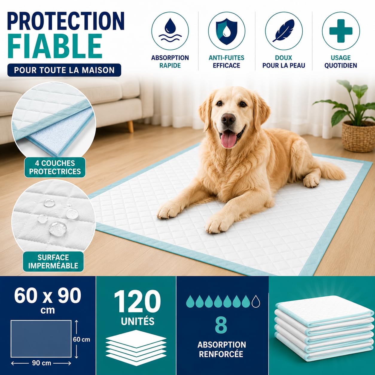 Alèse Jetable Ultra-Absorbante pour Incontinence (60x90 cm) – Imperméable, Hypoallergénique et Douce – Protection pour Lits, Fauteuils et Chaises – Pack de 120 – Le Pro du Médical
