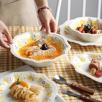 VoOqo Soup Bowls,Ramen Bowls, Cereal Bowls Set 5,5 inch, Cereal Bowls Ceramic 300ml, Bowl Set, Soup Bowls, Cereal Bowl,Yellow Bowl with Flower Pattern,Yellow