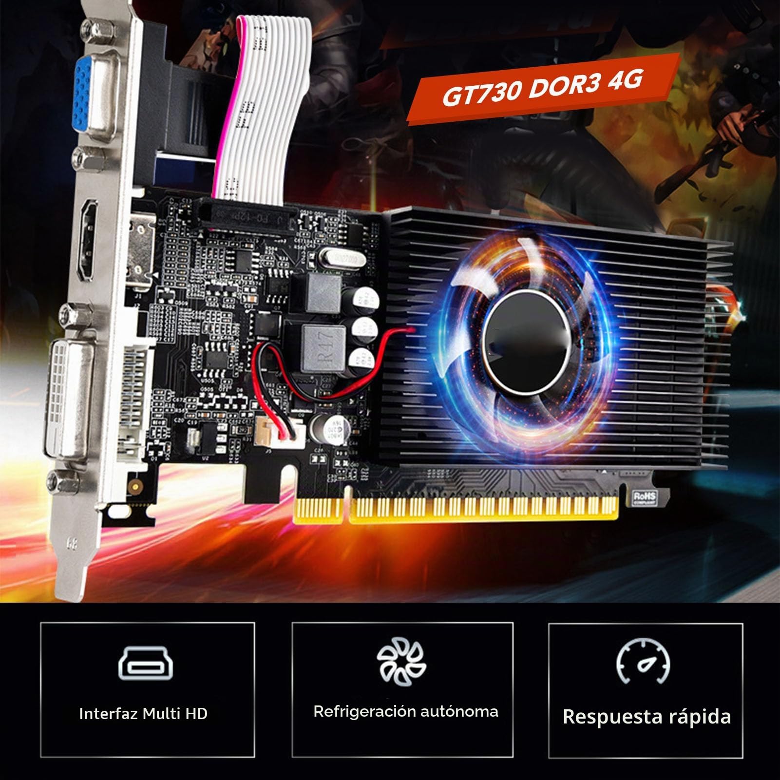Tarjeta Gráfica GT730 4G DDR3 de 128 bits, Tarjeta de Vídeo para Juegos de Escritorio con Salida DVI VGA HDMI, PCI Express 2.0 X16, con Ventilador de Refrigeración