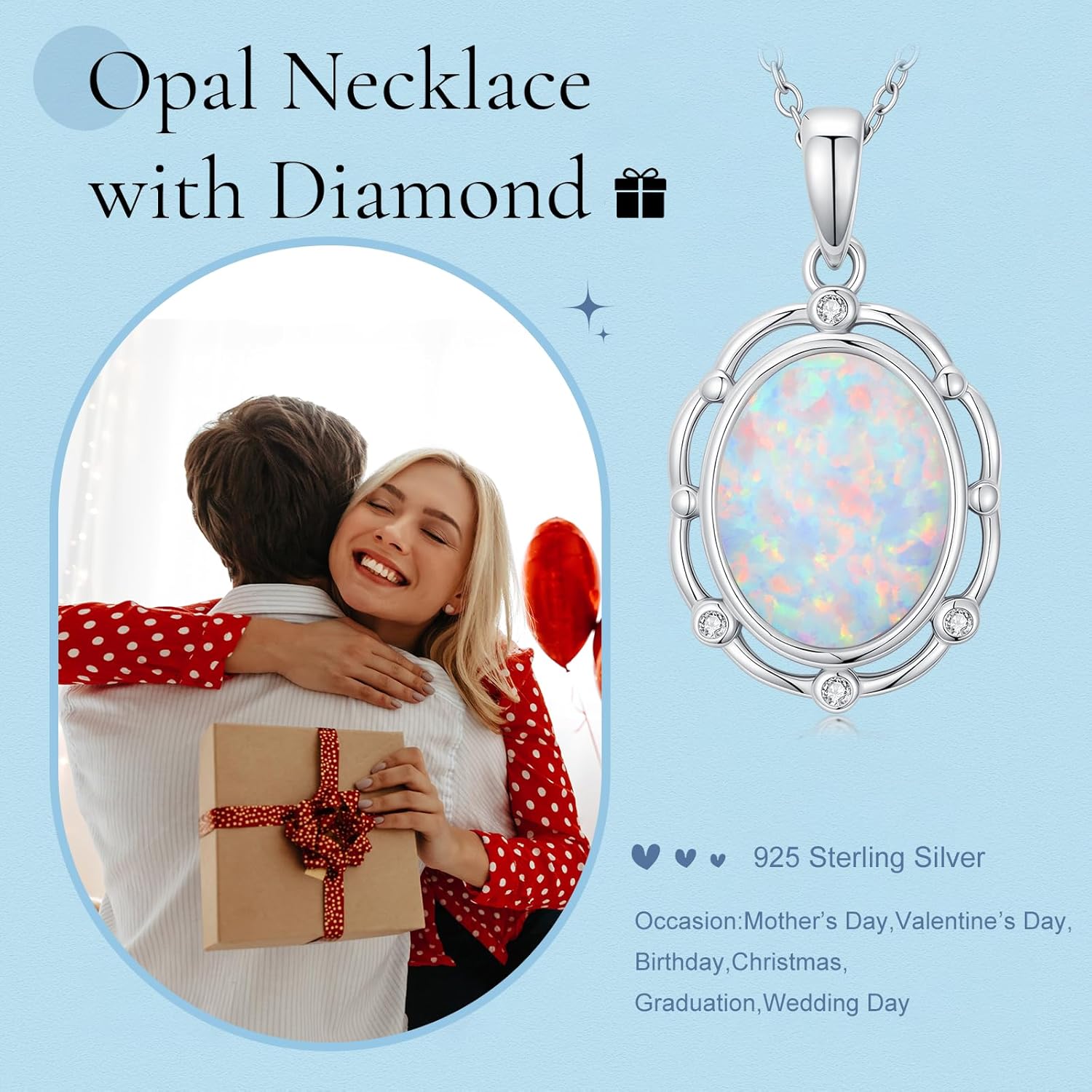 Oval Opal with Genuine Diamond Pendant Necklace 925 Sterling Silver Dainty White Opal Necklace Anniversary Birthday Jewelry Gifts for Women Her - Image 4