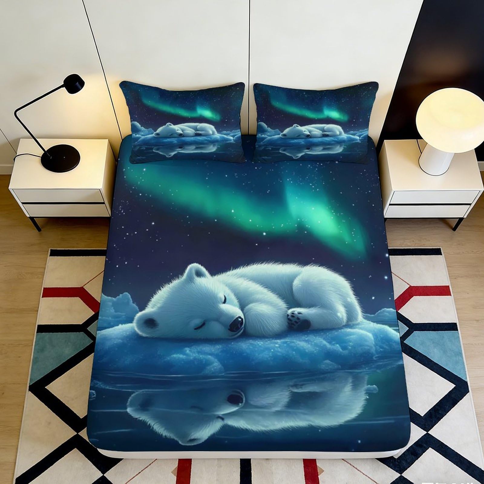 Jqzkxnhpbr Style-5 3D Printed Aurora Sky Fitted Sheet Microfiber Soft Anti-Slip Polar Bear Mattress Cover For Bedroom Dorm Decorative Protection 90X200x25cm