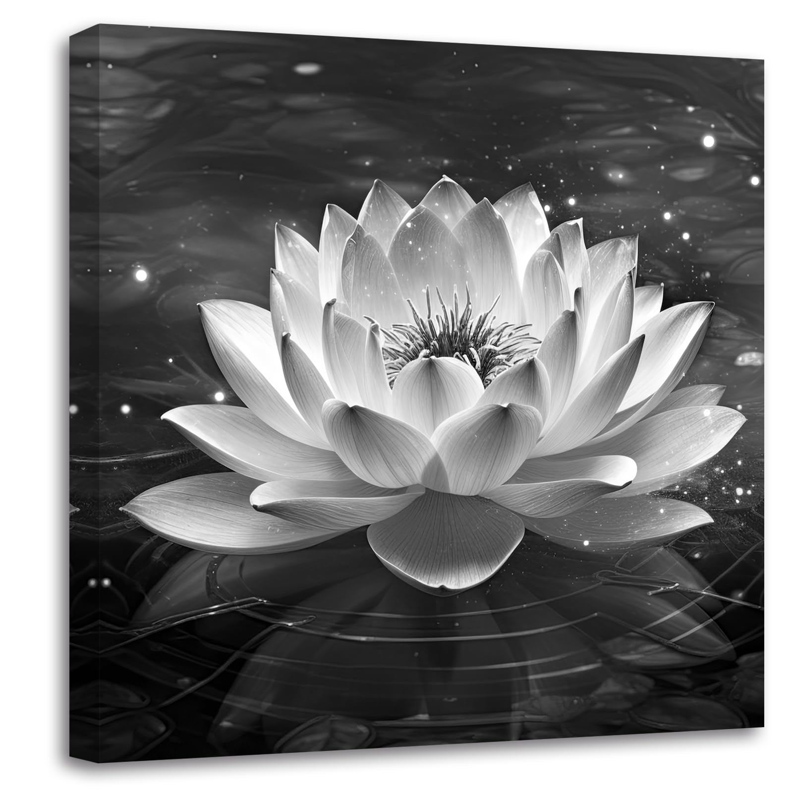 Quadro su Tela in Bianco e Nero con Motivo Zen, Fiori di Loto e ninfea, Stampe artistiche spirituali per Bagno, Meditazione, Yoga e Spa (Immagine 2, (45,75 cm x 45,75 cm))