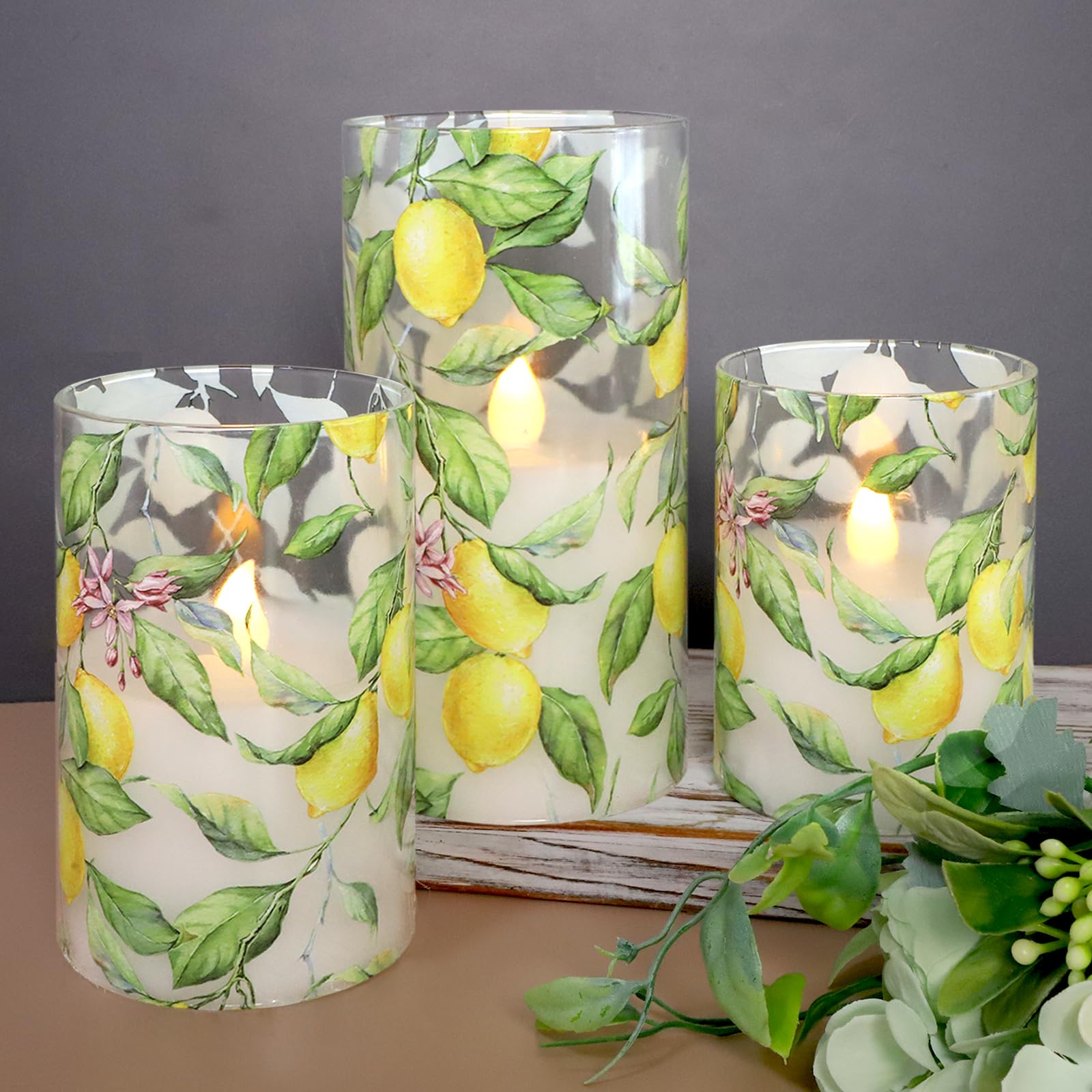 Lemon Glass Flameless Candles with Remote Timer Battery Operated LED Flicker Real Wax Pillar Candles Spring Summer Lemonade Party Kitchen Table Dinner Christmas Holiday Decor D3 x H4, 5", 6"
