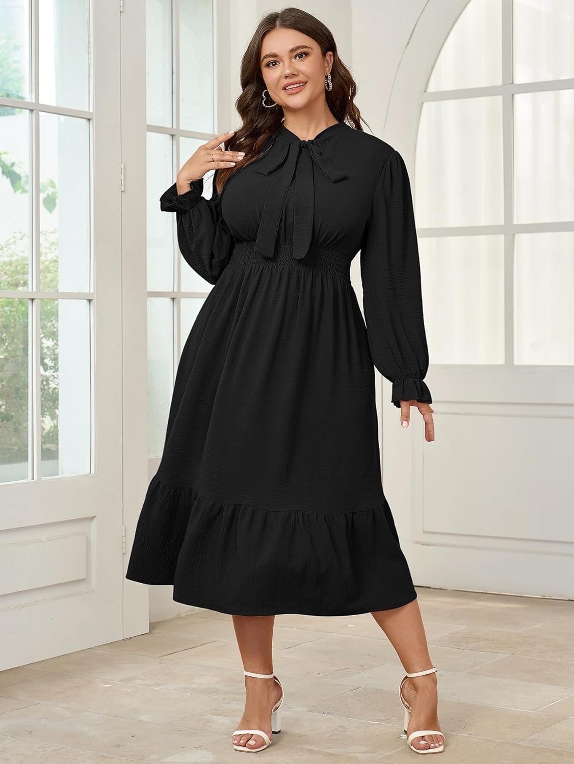 SCOMCHIC Womens Plus Size Midi Dress Flowy A Line Bow Tie Swing Dress Formal Work Party Cocktail Dresses for Wedding Guest - Image 3