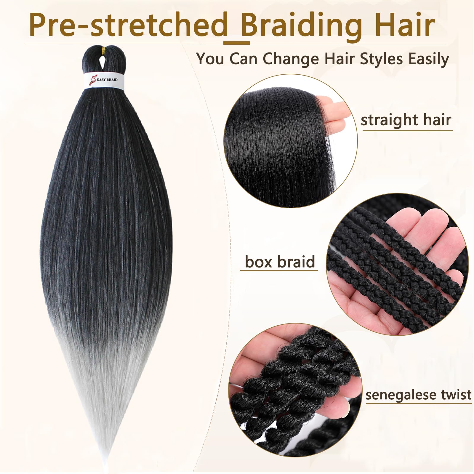 Snapklik.com : Pre Stretched Braiding Hair 24 Inch 3 Packs Natural
