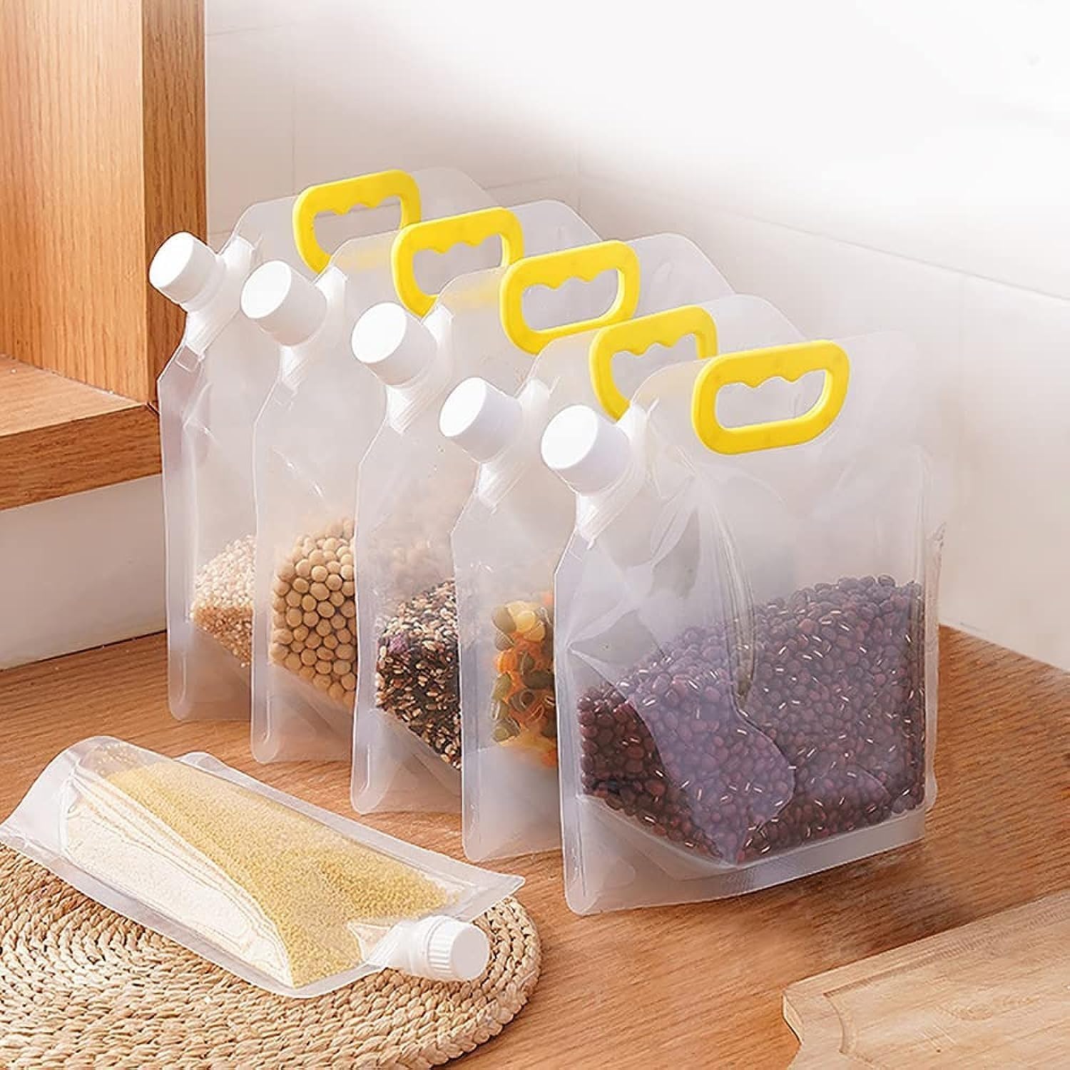RAMNAI TRADING Kitchen Storage Bag Grain Moisture-Proof Sealed Bag, Food Storage Container Transparent Pouches Airtight Packaging Baggies Reusable and Handle for Grain Rice Beans Candy (1.5 Ltr-5 pcs)