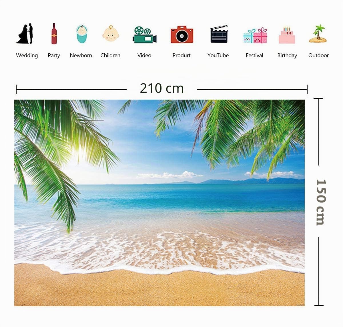 INRUI Sfondo Tropicale da Spiaggia - Estate, Palme, Mare Blu, Cielo, Sole, Tema Luau (2,1 x 1,5 m)