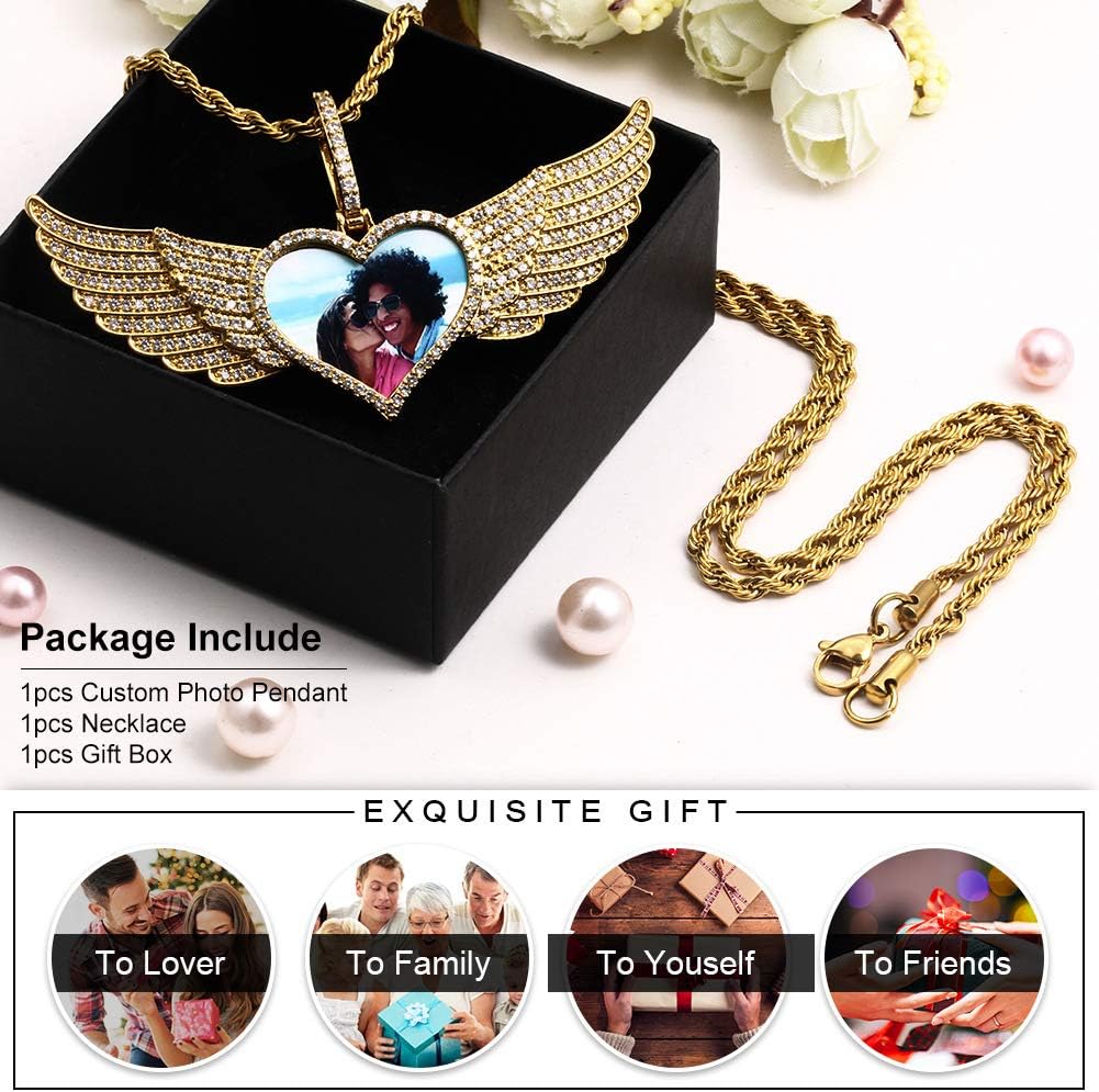 TUHE Custom Picture Necklace Personalized Hip Hop Iced out Heart Angle Wings Pendant Photo Necklace for Men Women Memory Chain Necklace Customized with Picture Rope/Tennis/Cuban Chain Necklaces