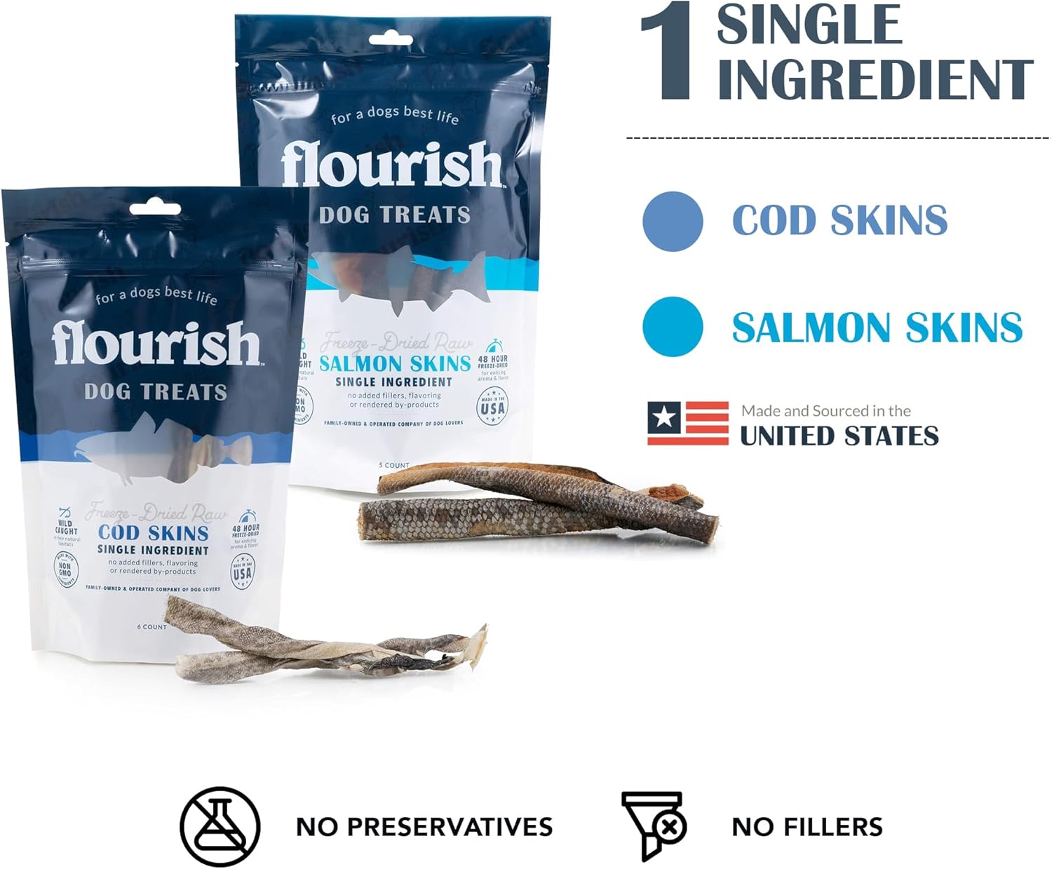 Flourish Pets Freeze Dried Raw Pet Treats for Dogs (Cod Skins & Salmon Skins, 2-Pack)