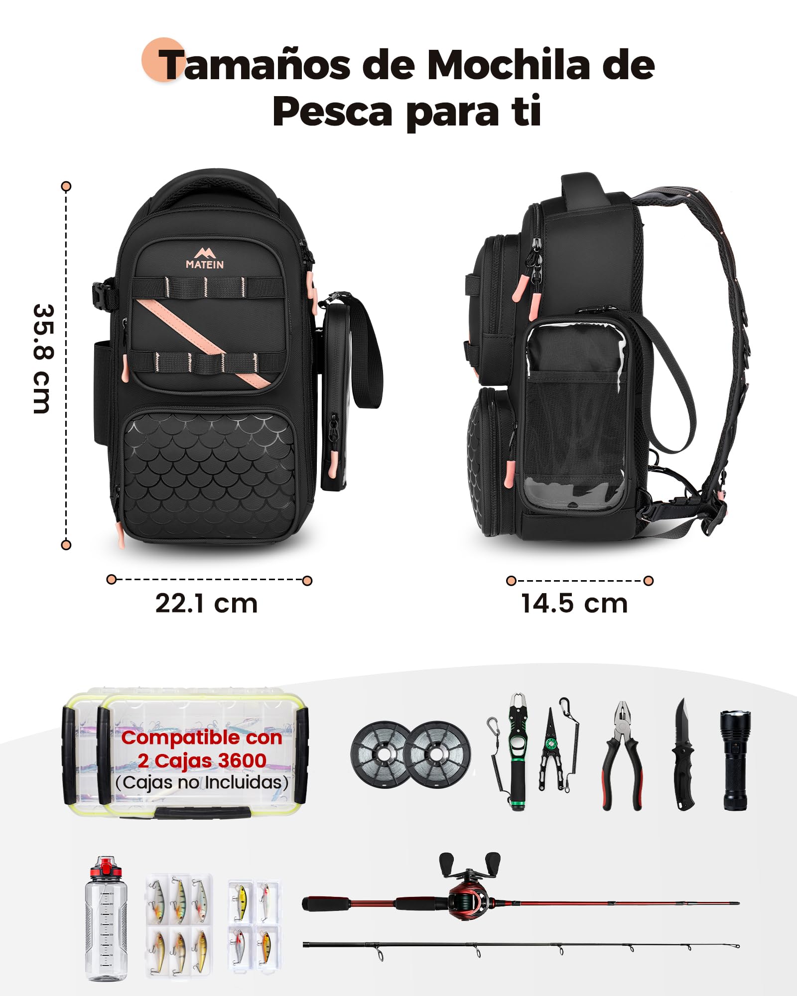 MATEIN Mochila Pesca con Soporte para Caña y Funda para Móvil, Negro