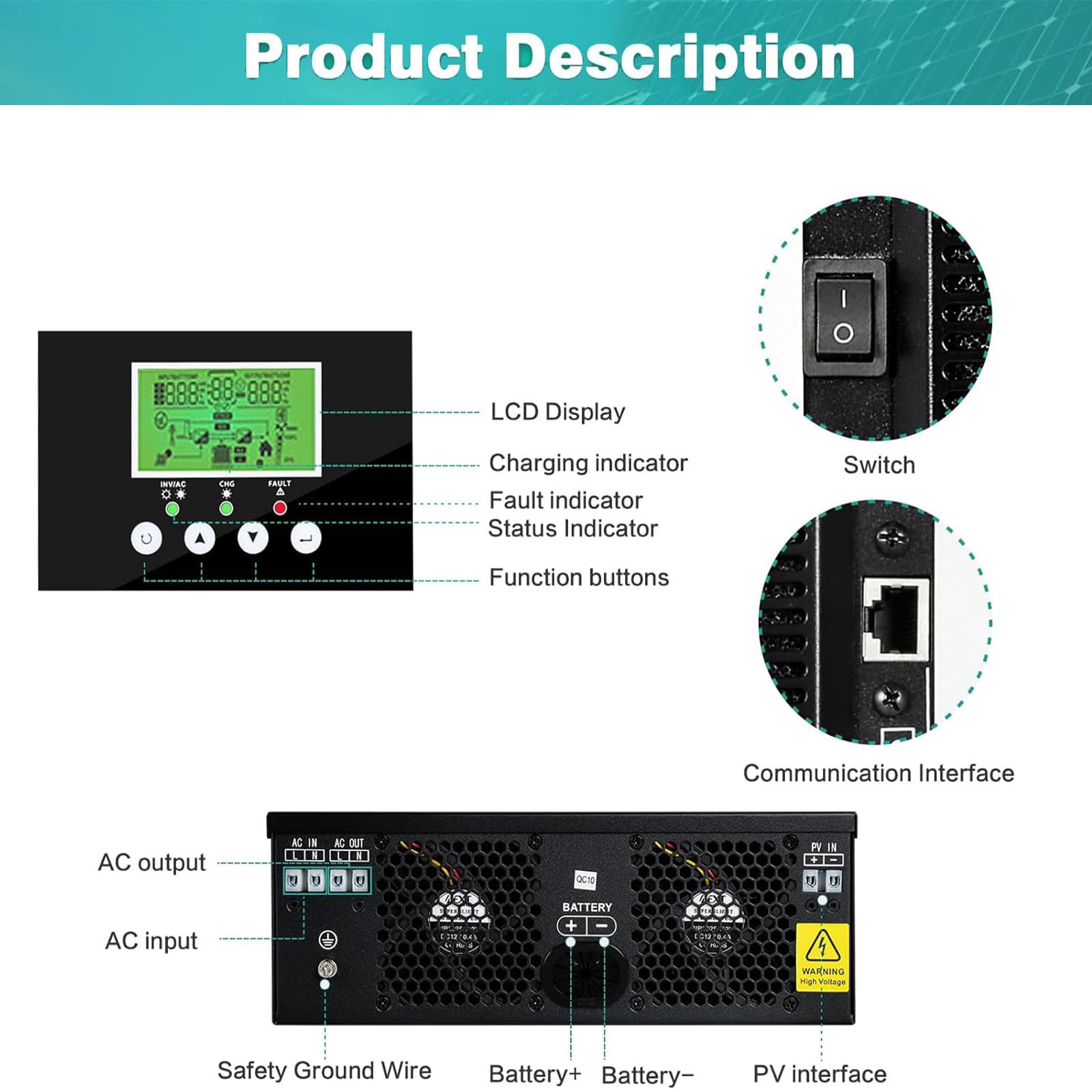 Inversor híbrido de 3000W, inversor Solar híbrido 24V AC230V con Controlador de Carga Solar MPPT de 80A, Entrada PV 30-400VDC