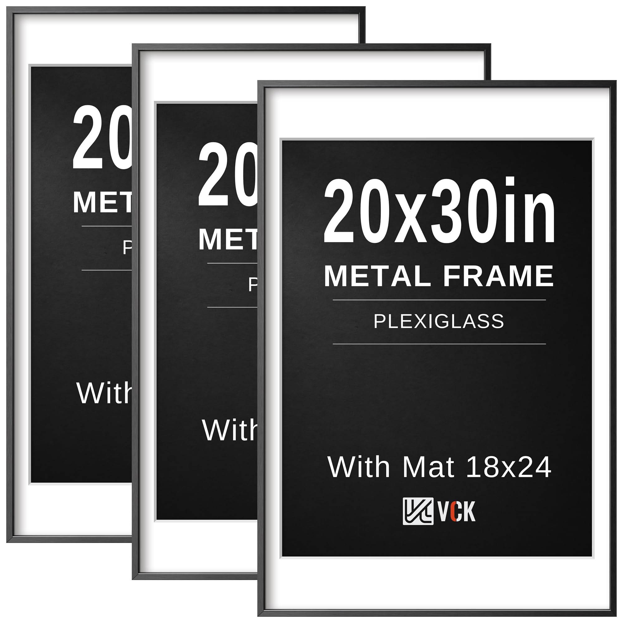 VCK 20x30 Frame, Black Metal - Matted to 18x24, 3 Pack, for Large Poster