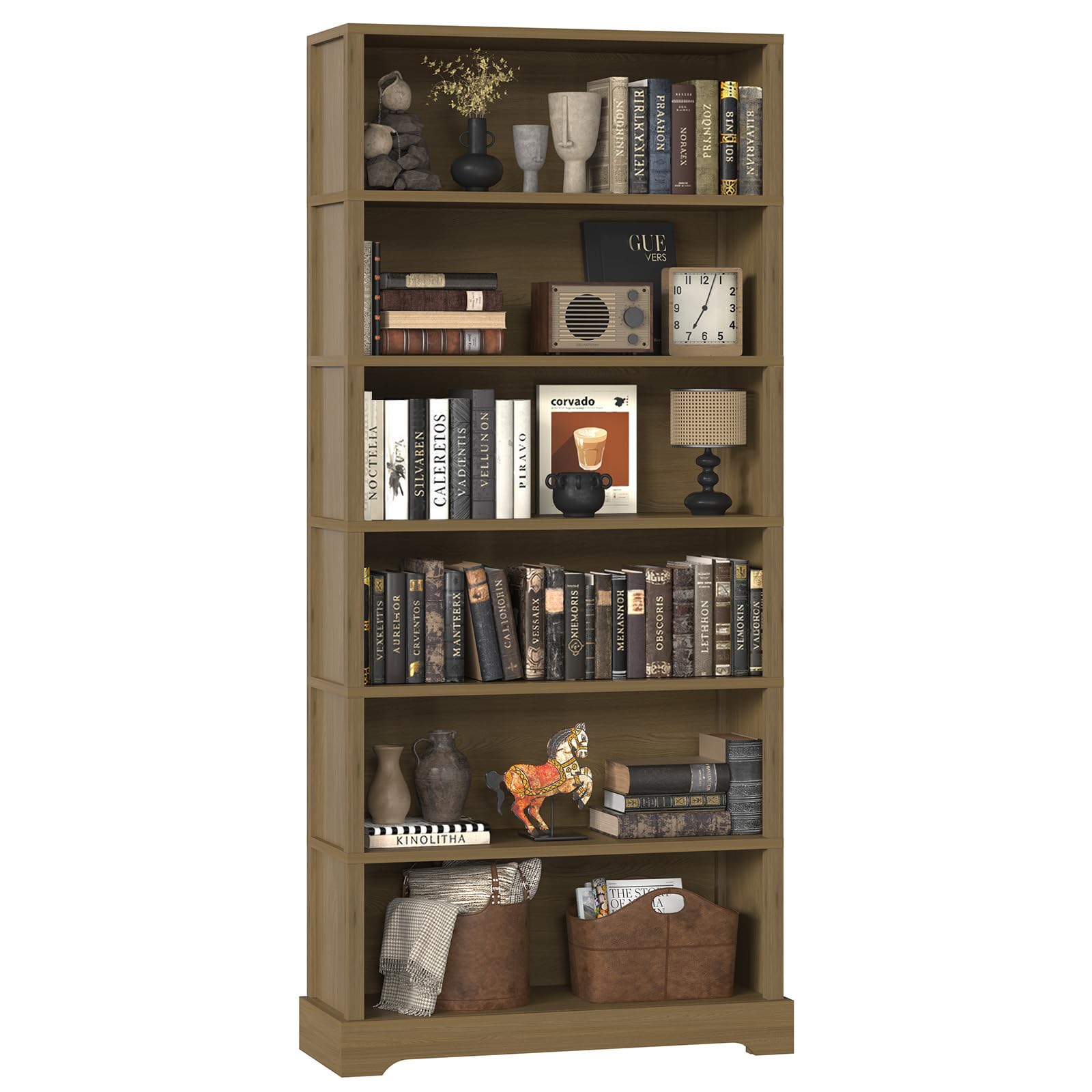 TVU 6 Tiers Wooden Bookshelf, 77.2" Tall Farmhouse Style Open Bookcase, 31.5" Wide Standing Book Shelf with Storage for Study Room, Living Room, Teak