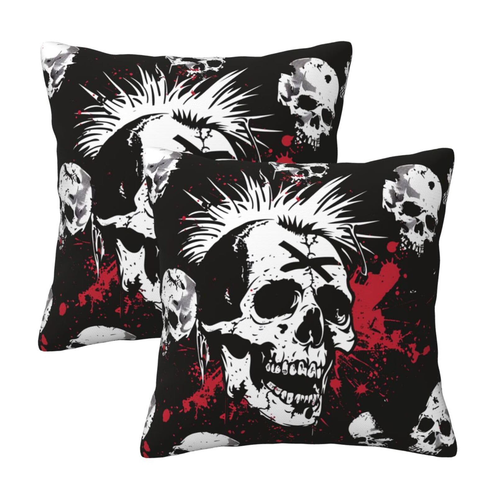kkvhhyuo White Punk Skull Print Pillow Covers Set of 2, Square Decorative Cushion Covers with Hidden Zipper, Throw Pillow Cases for Living Room Sofa Bed Chair, 45x45 cm