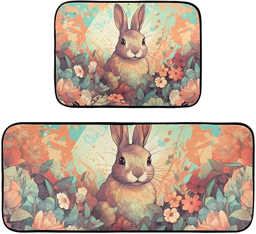 Miniatura 1 de Kitchen Mats for Floor 2 Piece Set Rabbit Garden Print, Anti Skid Cushioned Water Absorbent Kitchen Rugs Door Mat Floor Mats for Kitchen Sink