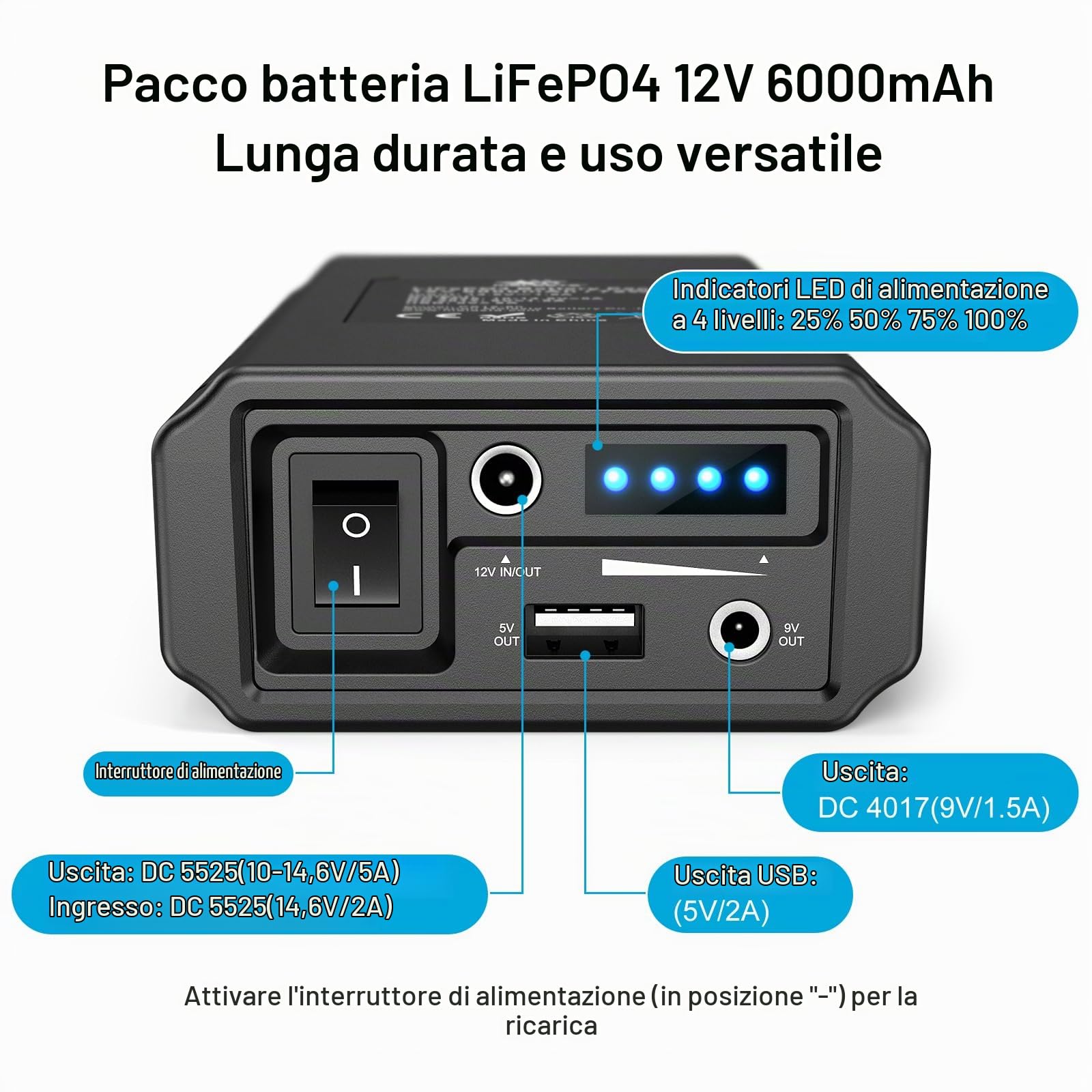 melasta LiFePO4 12V Powerbank 5V 9V 6000mAh Batteria con Caricabatterie | Powerbank con LED Display per Smartphone, Striscia LED, Telecamera di Sorveglianza, Mini Ventilatore, Piccolo Altoparlante