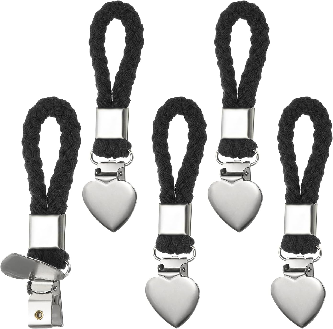 PATIKIL 5 Pcs Hanging Tea Towel Clips, 1.2" Width Braided Cotton Loop Towel Clip with Silver Metal Clamp for Kitchen Bathroom RVs Camping Hanging Organize Tool, Black