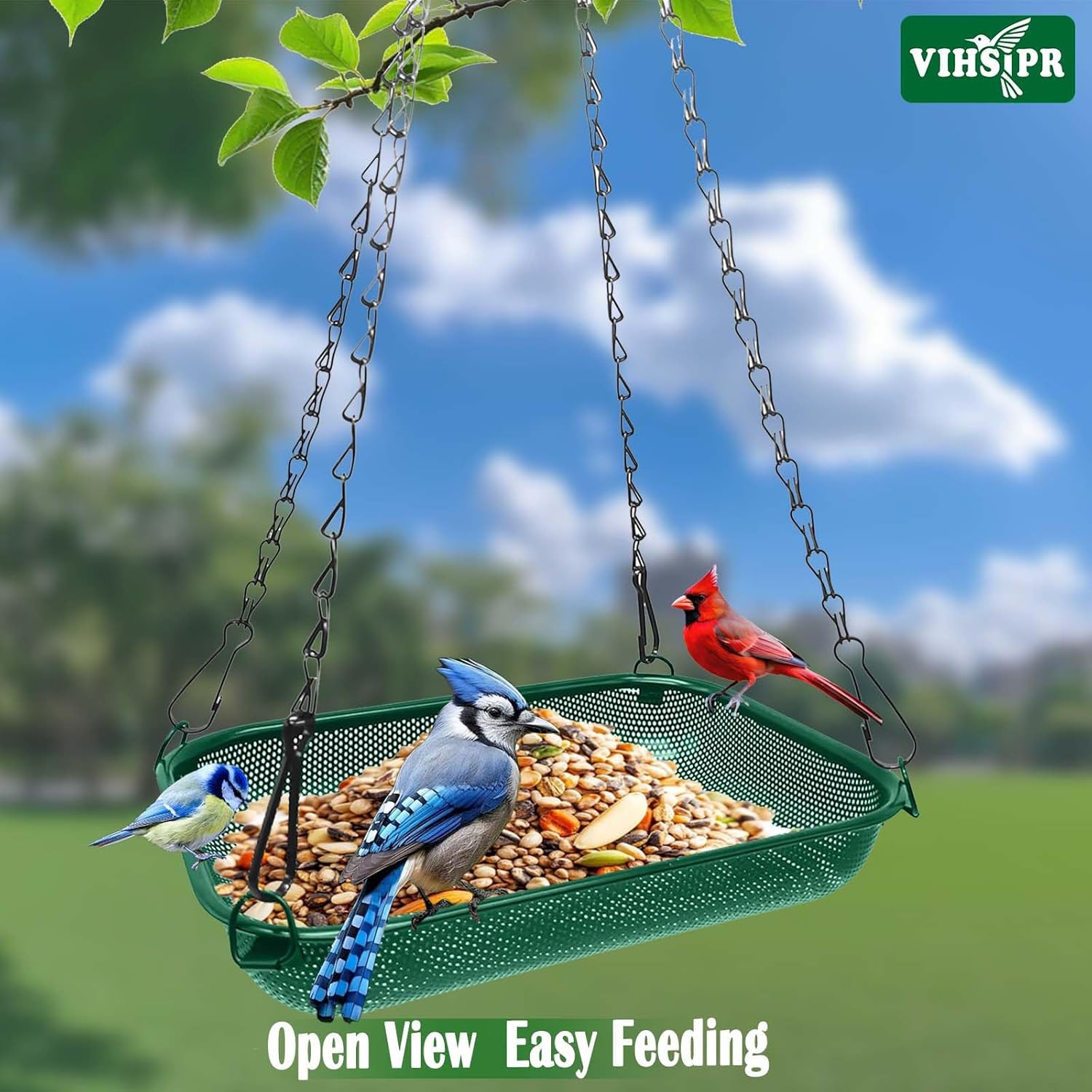 Platform Hanging Bird Feeder for Outdoors – Metal Mesh Seed Tray to Attract Wild Birds, Rectangle 12 x 8 in, Green
