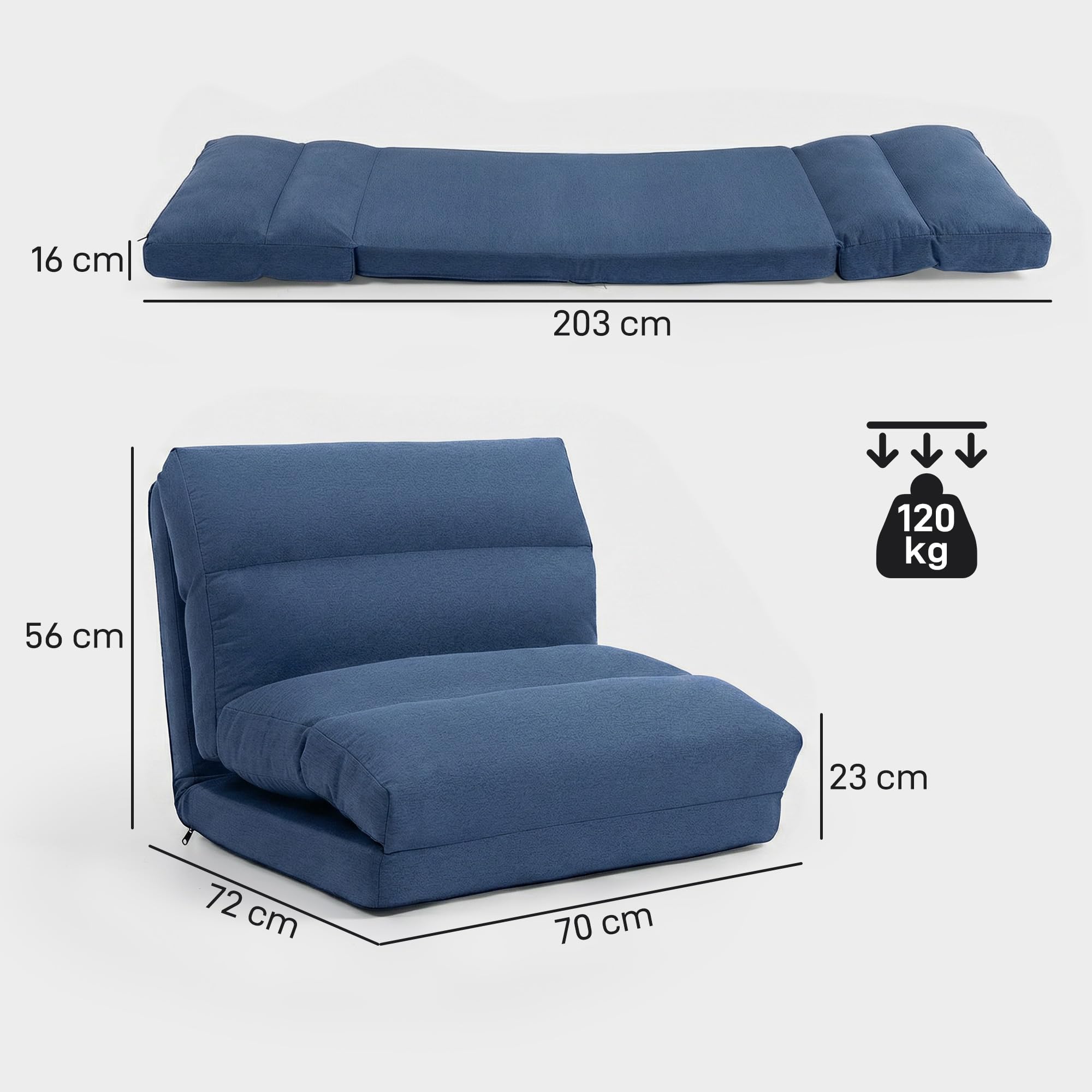 HOMCOM Canapé Paresseux Chauffeuse 1 Place, Fauteuil Paresseux Convertible en Lit, Fauteuil Salon avec Dossier Inclinable sur 5 Positions, Charge 120 kg, pour Salon Chambre Bureau, 70x72x56cm, Bleu