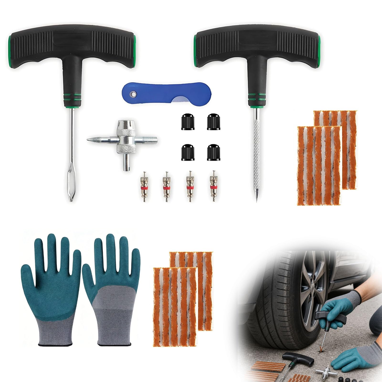MKtoko 32pcs Tyre Repair Kit with Rubber Gloves, Upgraded T-Handle Puncture Repair Tools for Car, Motorcycle, SUV, ATV, Tubeless Tire Plug Kit with 4-Way Valve Tool