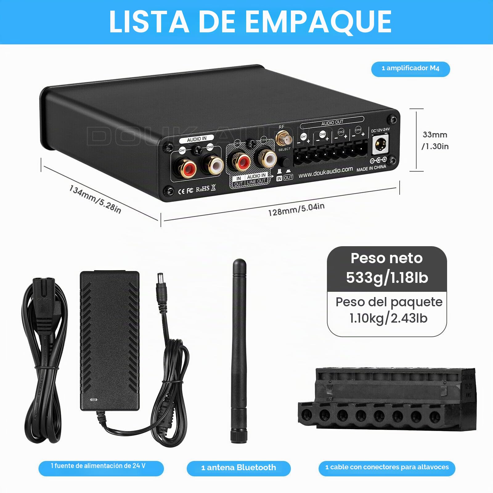 Douk Audio HiFi Bluetooth 5.0 Amplificador de Potencia Digital Estéreo Amplificador de Audio 2/4 Canales 50W x 4