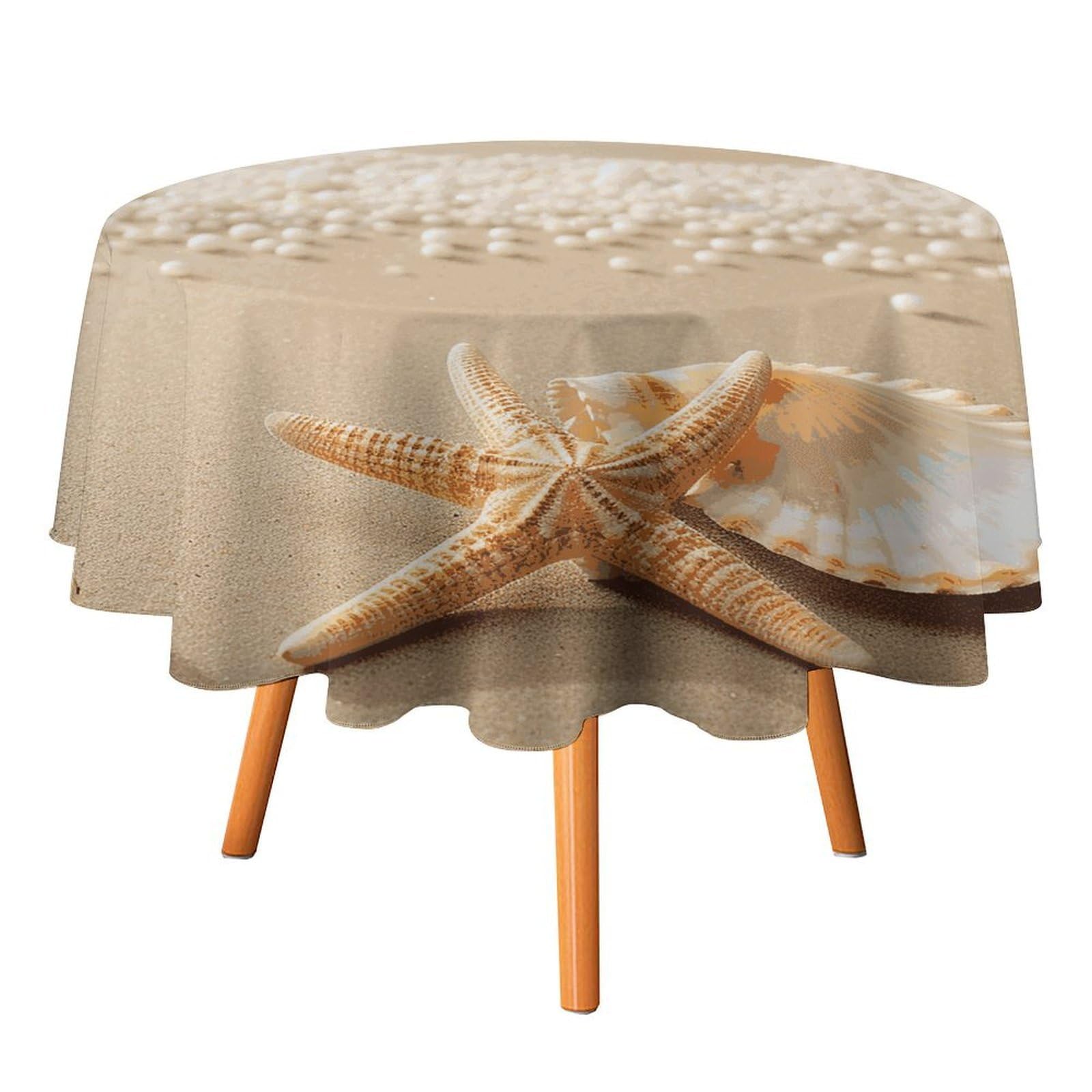 SMAZDFXX Starfish Shell and Beach Tablecloth for Restaurant, Round Polyester Table Cover 60x60in for Party