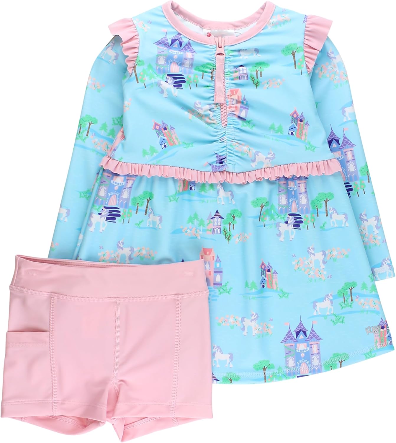 RuffleButts Girls UPF50+ Sun Protected Active Long Sleeve Zip Flutter Dress & Bike Short Set Outfit