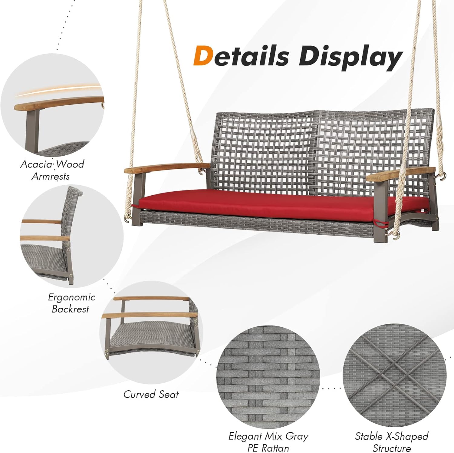 DORTALA Hanging Porch Swing, 2 Person Outdoor Wicker Rattan Swing Chair Bench with Cushion, Ropes for Patio, Garden, Backyard, Mix Grey+Red