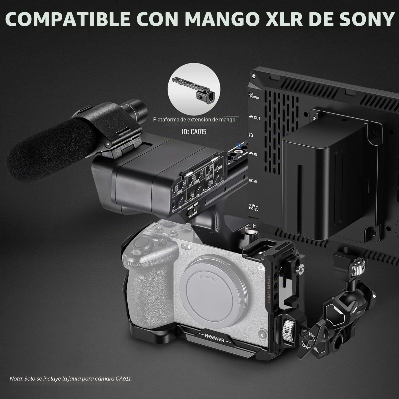 NEEWER FX3/FX30 Jaula con HDMI Cable Clamp, Riel NATO, Agujeros de Posicionamiento ARRI de 3/8", 1/4" Roscas, Compatible con Sony FX30 FX3 Original XLR Handle,Compatible con DJI RS3 RS2 Gimbal, CA011