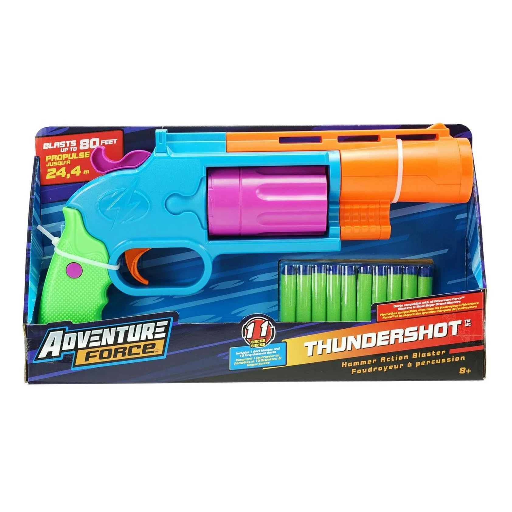 BuzzBee Air Warriors Thundershot Dart-Blaster - Einhändiger Revolver mit 8er Trommel - 10 Long-Distance Darts - Hammer Action Mechanismus