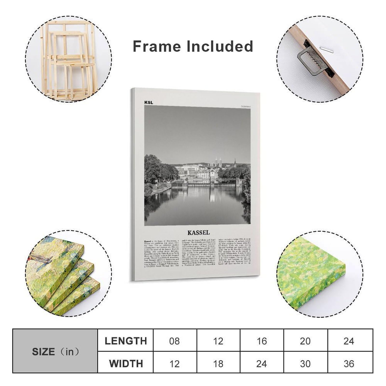 LZTEN Kassel-Druck, Schwarz-Weiß, Kassel-Wandkunst, Kassel-Poster, Kassel-Foto, Kassel-Wanddekoration, Kassel-Karte, Deutschland-Leinwand-Kunst-Poster, gerahmt, 40,6 x 61 cm
