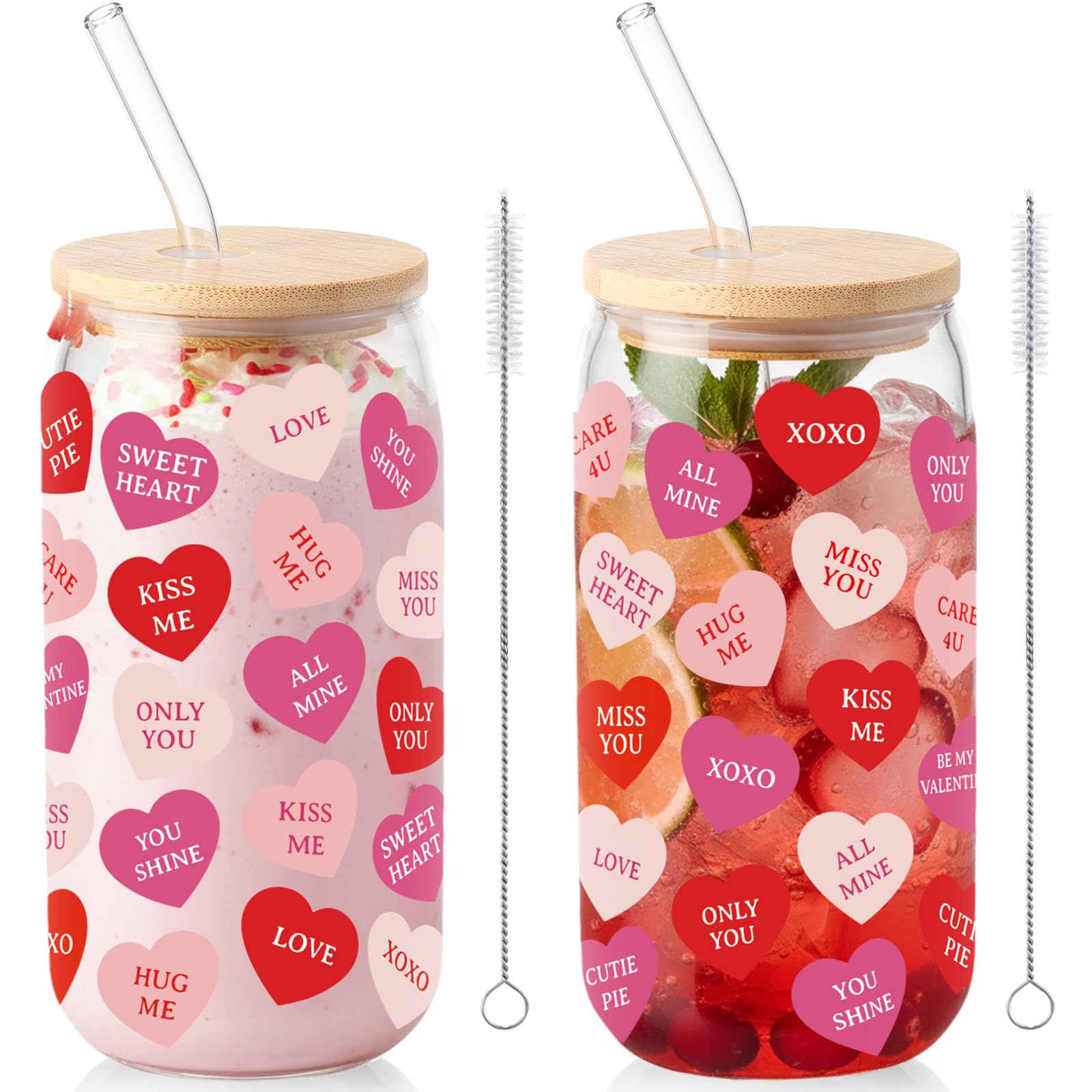 Sliner 2 Pcs Heart Glass Cups Valentines Galentines Day Tumbler 16 oz Iced Coffee Cup Drinking Glasses with Lid Straw Cute Beer Can Tumbler Holiday Gifts for Home Office Decorations