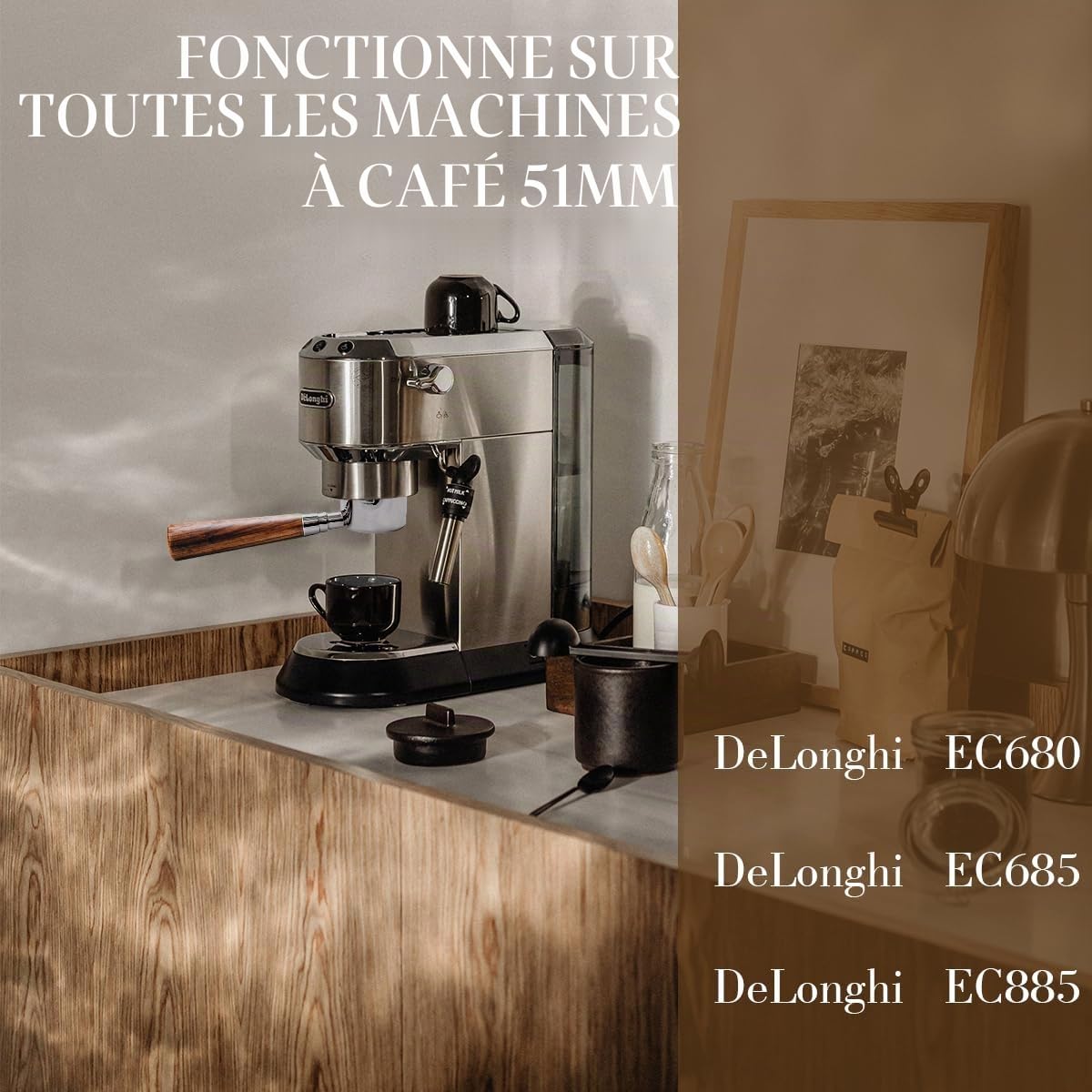 Porte-filtre sans fond de 51 mm avec 3 oreilles, porte-filtre sans fond en bois de palissandre rouge pour DeLong EC680/EC685/EC785/EC820/EC850/EC860 avec bols à poudre bague de dosage (Style C)