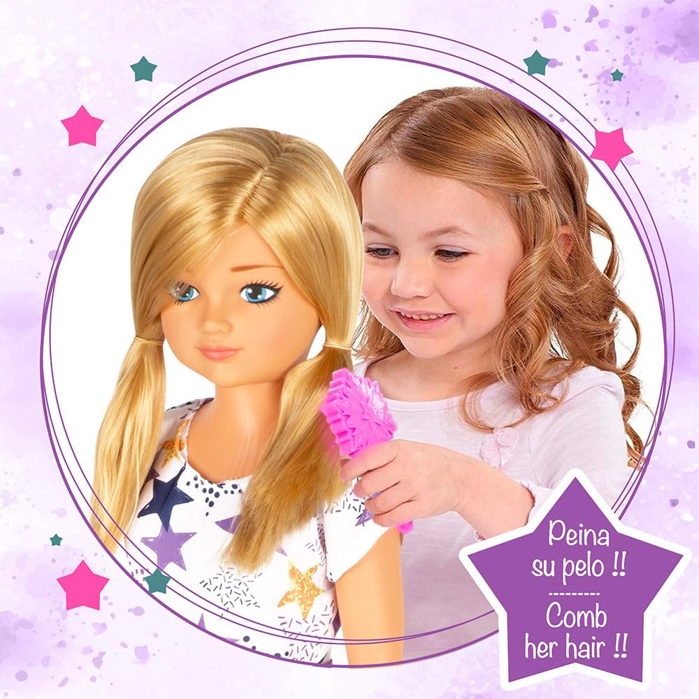 ColorBaby - Muñeca María Grande articulada, 85 cm, Pelo Rubio y Largo, para peinar, Piernas y Brazos articulados, Vestido Estrellas, Ropa con Velcro, Juguetes niños 3 años (47699)