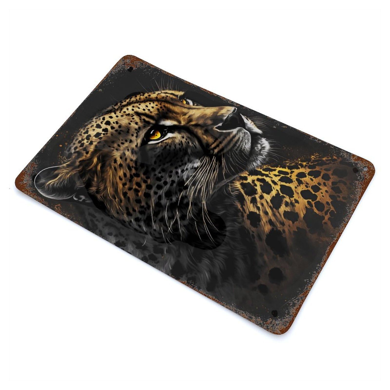 Rust Effect Black Cheetah Distressed Metal Wall Sign 11.8"x7.9", Farmhouse Wall Decor for Office, Studio And Wall Decor