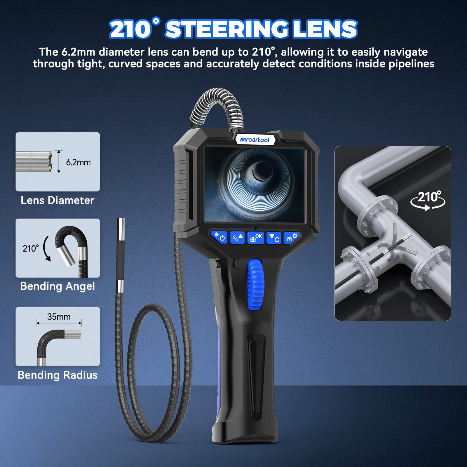 MRCARTOOL - Telecamera endoscopica con luce endoscopio con serratura da 6,2 mm, telecamera di ispezione 3,5" HD 1080P con scheda SD da 32 GB, rotazione a 210°, 6 LED, IP67, cavo semi-rigido da 1 m