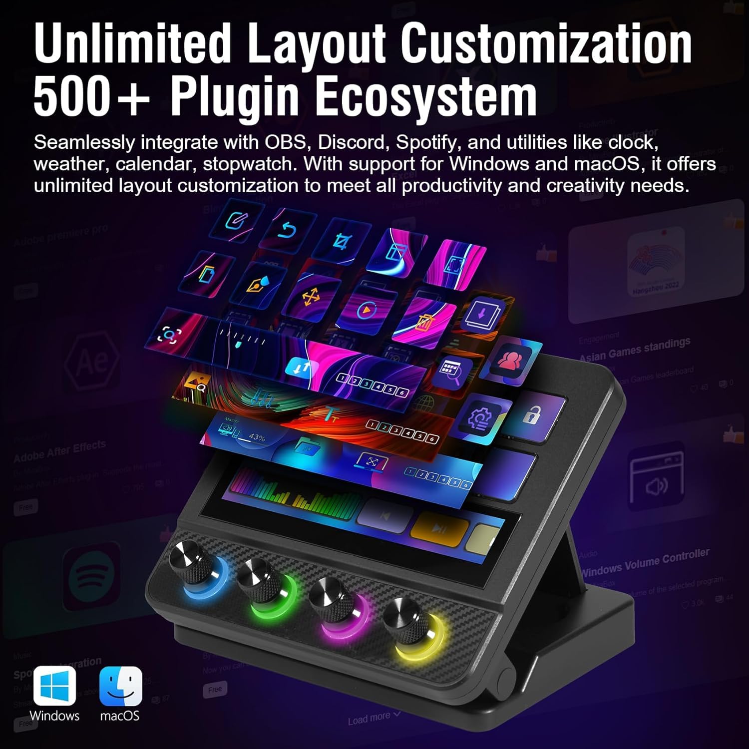 ActionRingxVSDinside N4 Pro Stream Dock:10 LCD-Tasten, 4 RGB-Dreh-Encoder&Touch-Leiste-Programmierbare Makro-Tastatur, Stream Controller Deck für Streaming, OBS, Twitch, Gaming, MIDI (PC/Mac)