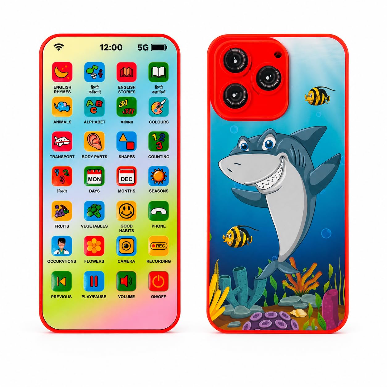 Play Craft eduPhone Interactive Educational Toy Phone for Kids with 28 Learning Functions, English & Hindi Rhymes, Stories, Alphabet, Counting, Music and Recording,Ages 2+ Seaworld Design-image-45