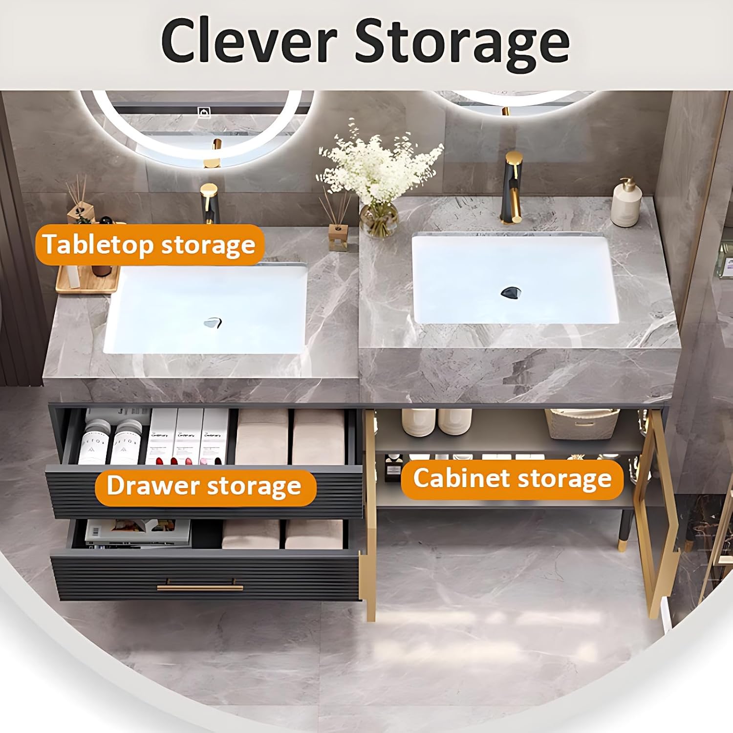 Bathroom Vanity with Sink - Bathroom Vanity with 2 Storage Drawer, 2 Glass Cabinet Door & Defogging Function | LED Light, Bathroom Vanities with Pull - Out Sink Faucet (StyleA, 52IN)