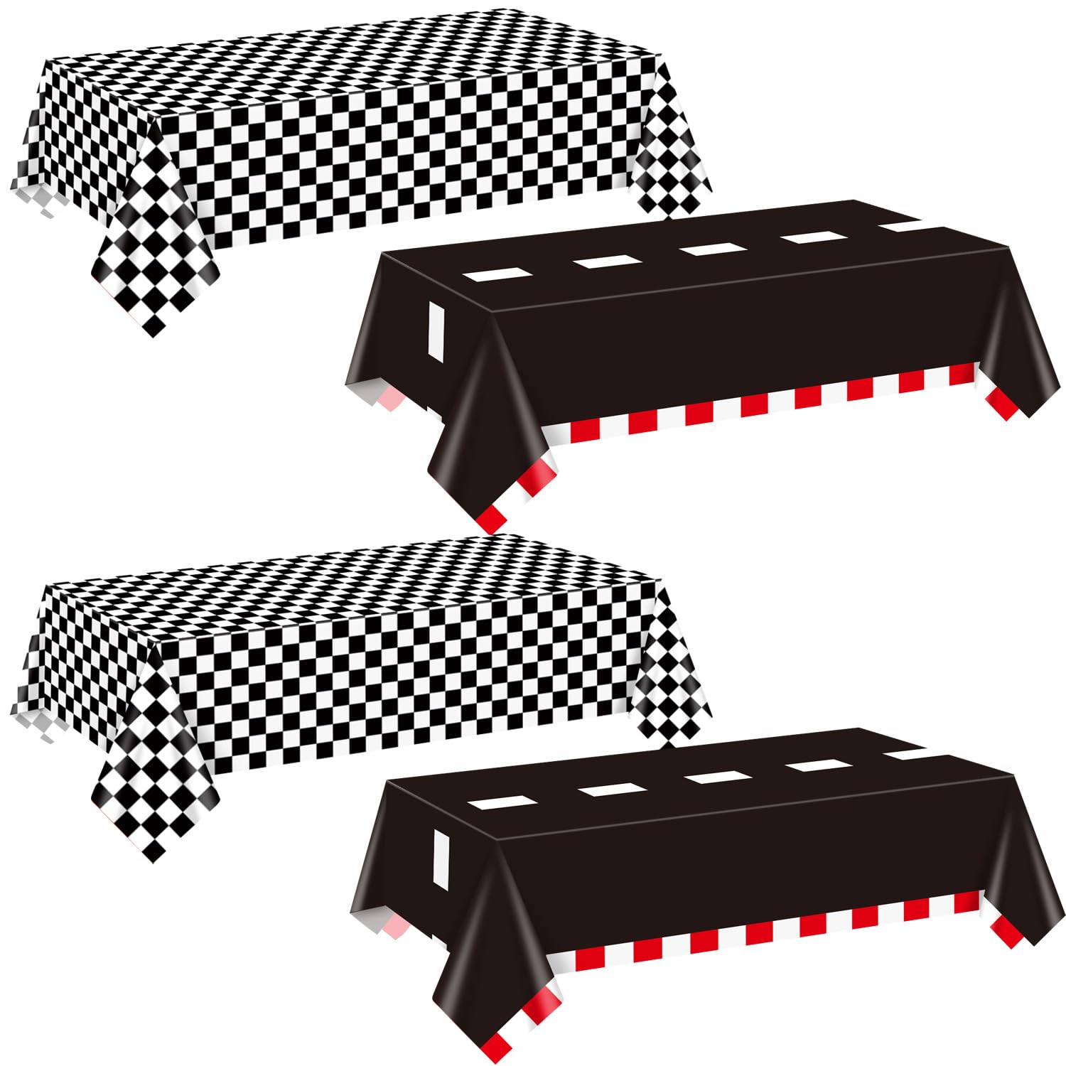 APUXXJUPA Black and White Checkered Tablecloth, 4 Pack Race Car Table Cloths Racing Road Decorations for Boy's Car Birthday Party Two Fast Birthday Decor, 130 x 220 cm