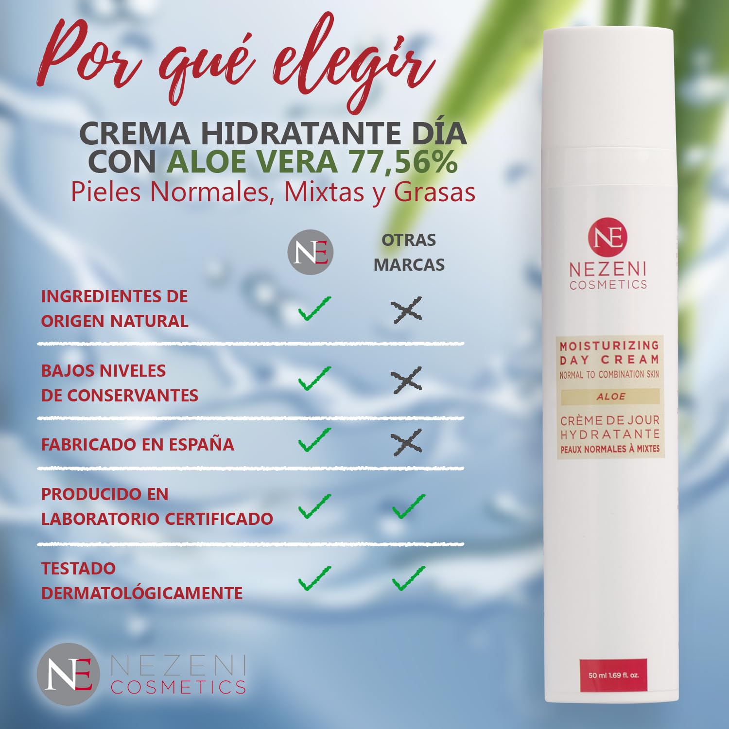 Nezeni Crema Hidratante Facial Aloe Vera 77,56% | 17 Principios Activos | Aumenta Elasticidad de la Piel | Crema Facial Día Para Piel Normal, Grasa y Mixta BAJA EN CONSERVANTES