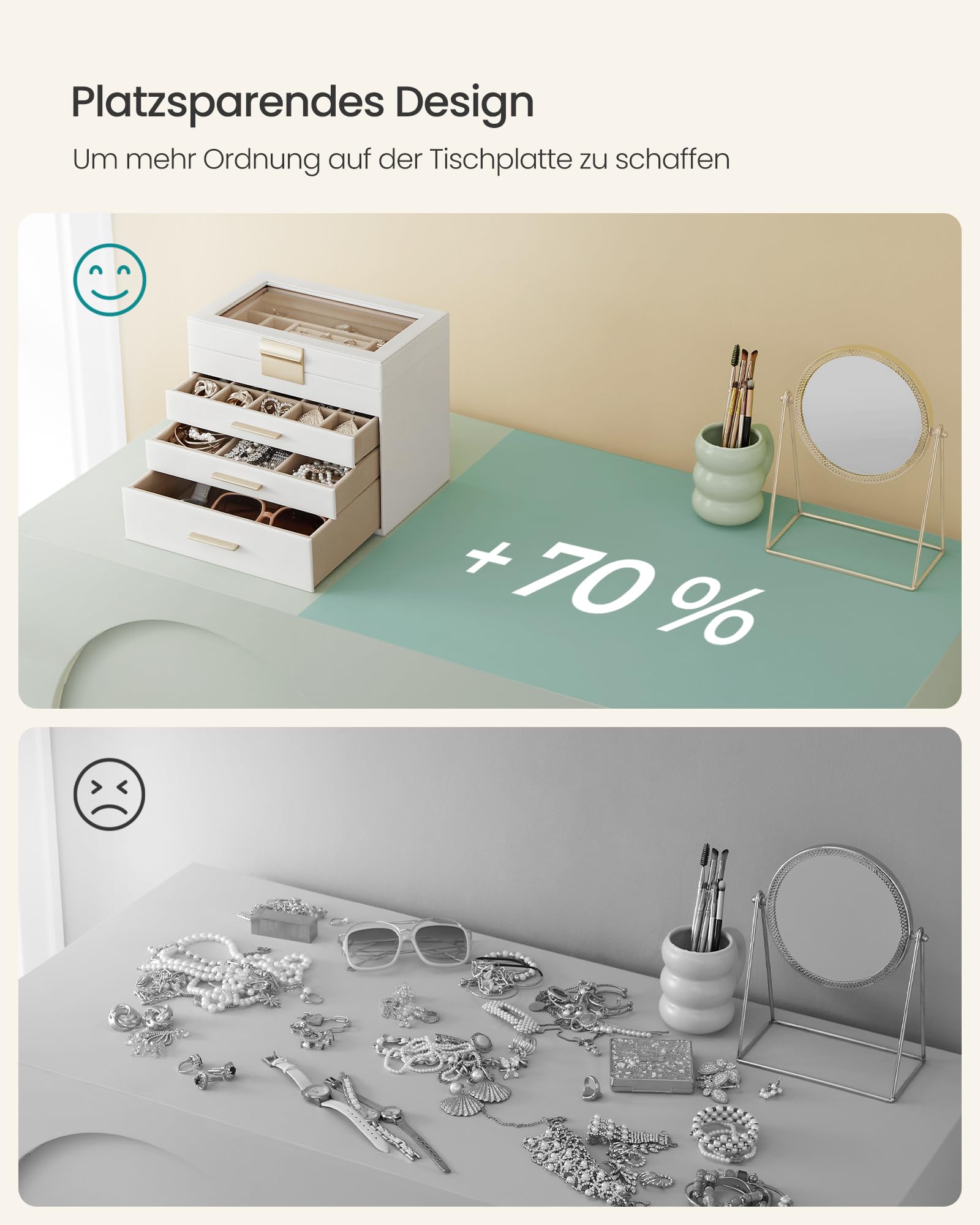 SONGMICS GISELLA Kollektion - Schmuckkästchen, Schmuckkasten mit 4 Ebenen, Schmuckbox mit Glasdeckel, 3 Schubladen, für Sonnenbrillen, Schmuckaufbewahrung, modern, wolkenweiß-golden JBC161W01