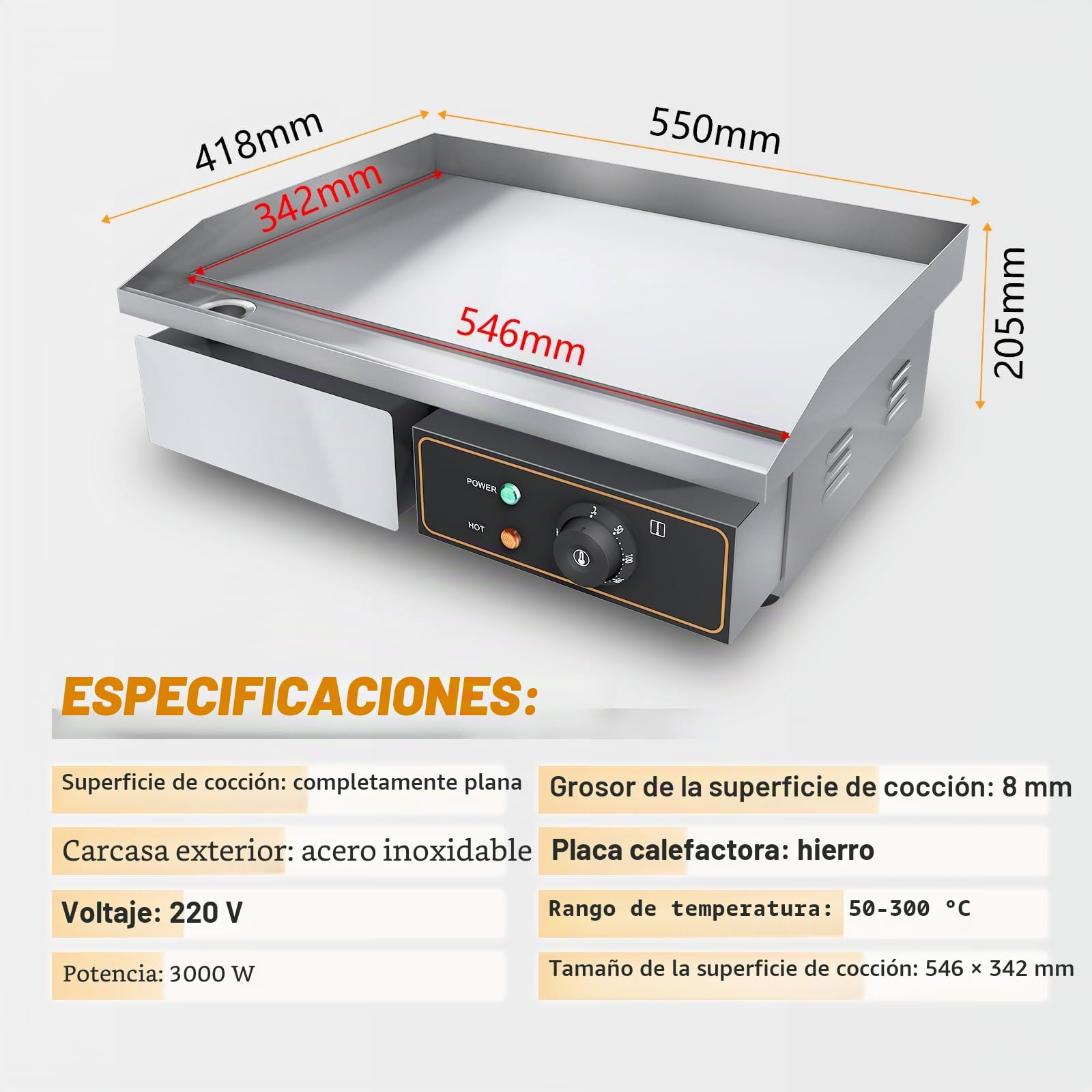 Plancha Eléctrica Pro Plancha de Hierro Fundido,220-240V 3000W 55cm × 35.5cm Control termostático de 50 a 300 °C,18.5kg antisalpicadura,Acero Inoxidable
