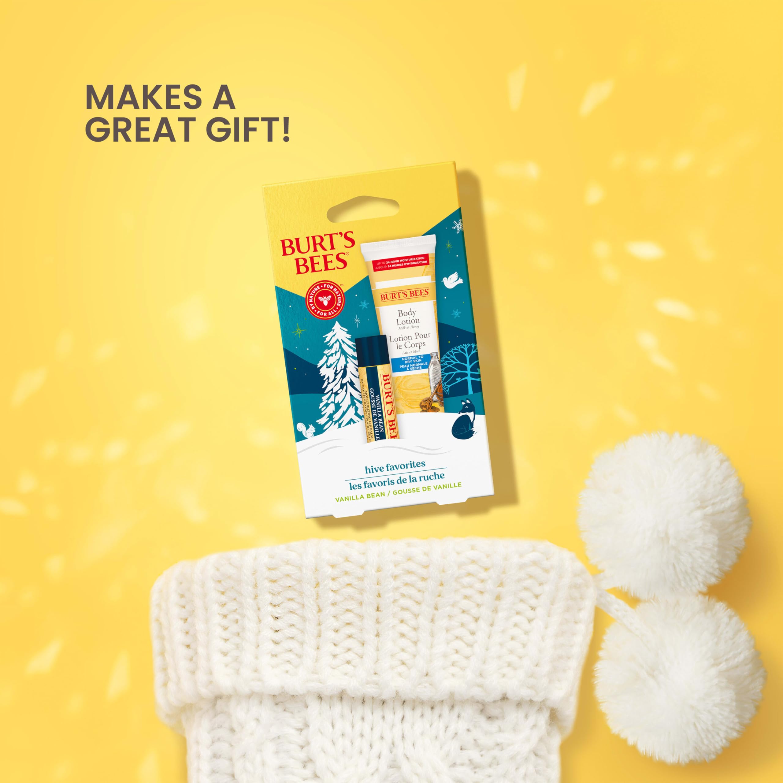 Burt's Bees Hive Favorites Gift Set, Vanilla Bean Lip Balm and Milk and Honey Body Lotion, Natural Origin Skin Care and Lip Care, 0.15 oz./1 oz.