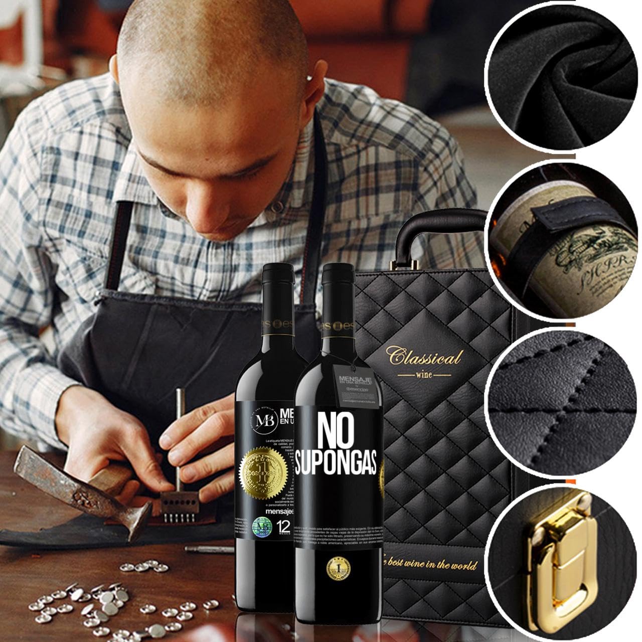 «No supongas» Mensaje en una Botella. Estuche-Maletín de LUJO 2x Vino Tinto Premium Reserva 12 Meses y Set de 4 Accesorios. Etiqueta Negra PERSONALIZABLE