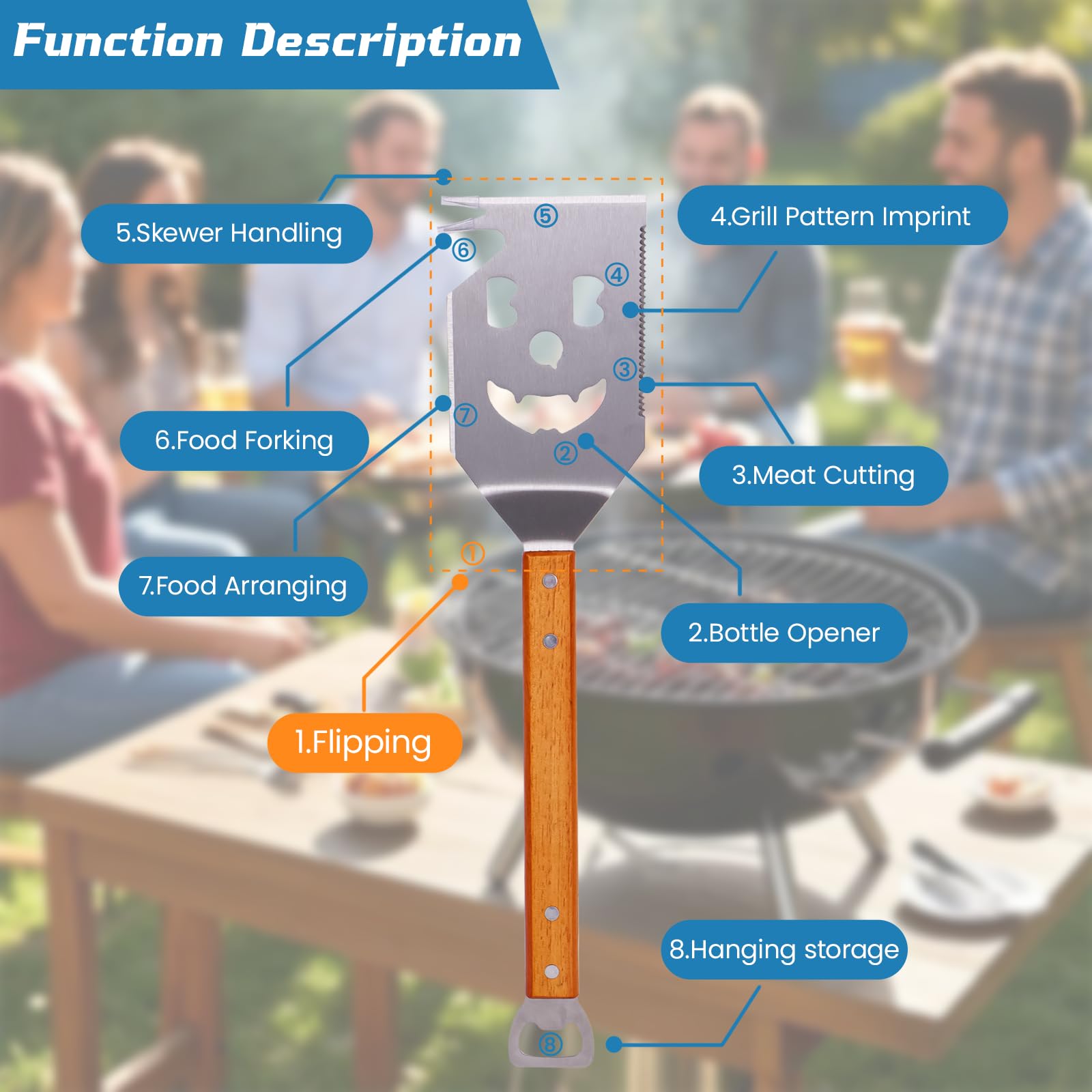 7-in-1 BBQ Grillspatel – Multifunktionales Grillwerkzeug für BBQ & Camping, Edelstahl Grill Utensilien Set mit Flaschenöffner, ideal als Grill Geschenk für Männer, Papa oder Freund