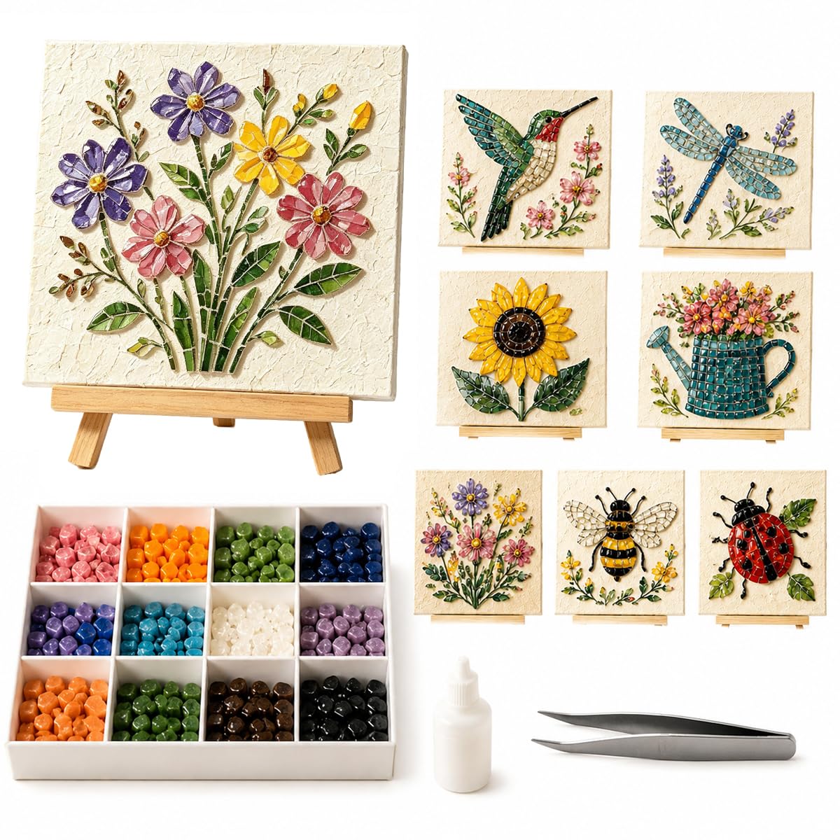 Cottage Garden Mosaic DIY Kit, 8 Flora and Fauna Theme Sea Glass Art Kit (#F) — image 1
